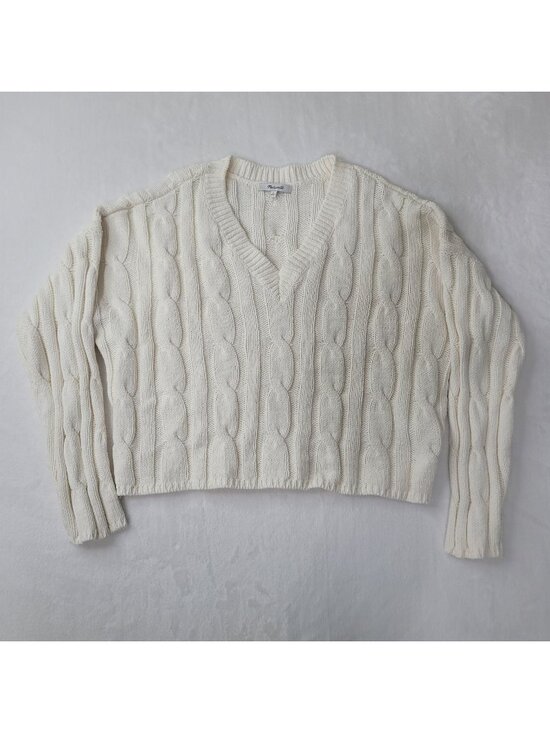 Madewell Sweaters - Madewell Women's Cream Cable Knit V-Neck Sweater Size L
